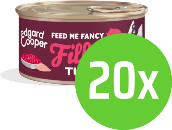 Edgard & Cooper blikje kattenvoer met tonijn en kip, met illustraties van vis en bloemen. 'Feed me fancy' en 'Fill me up' op de verpakking.