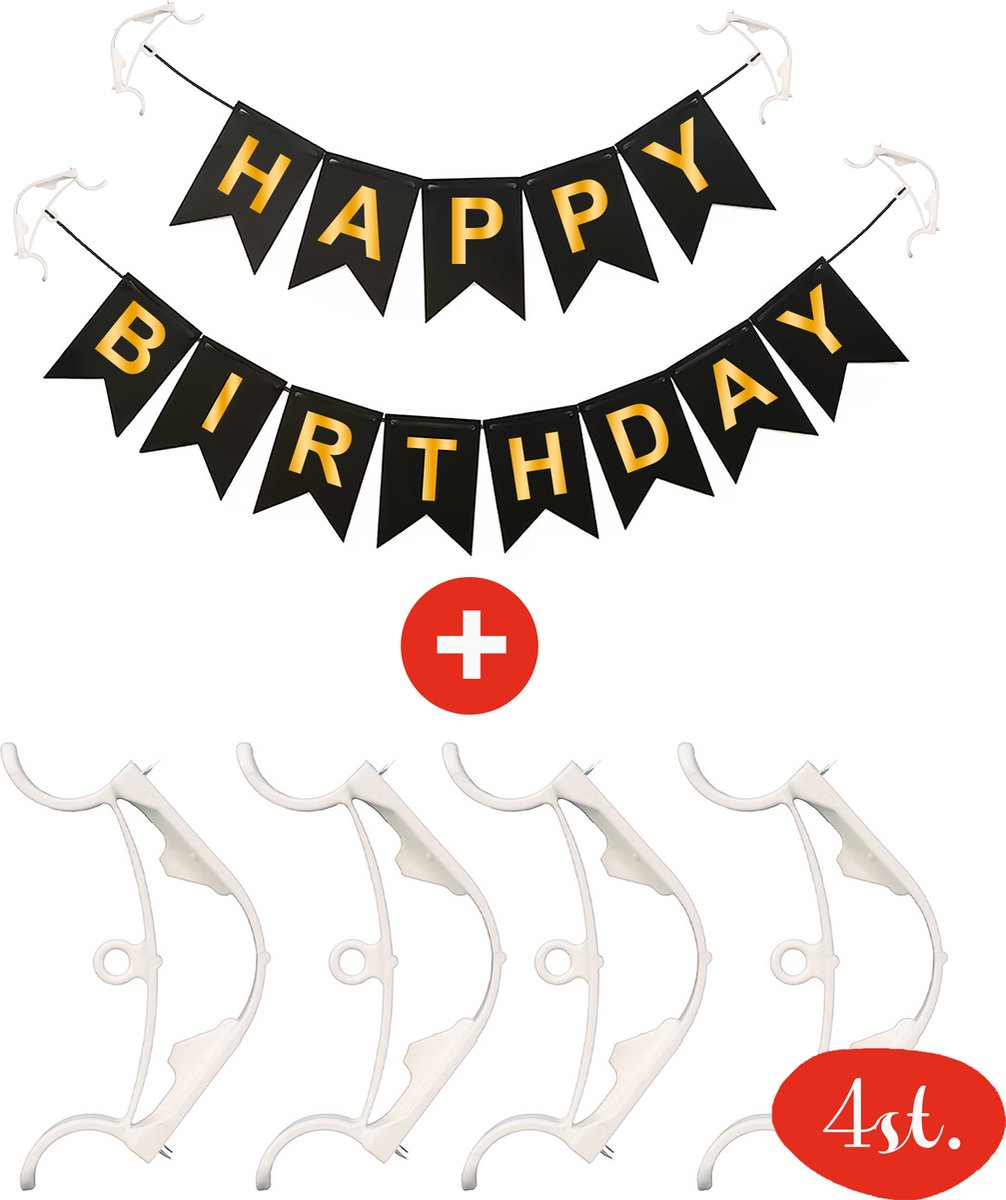Duerté 4 Slingerklemmen + Happy Birtday - Slinger Ophang Systeem - Verjaardag Versiering - Hoekklemmen - 6 Stuks