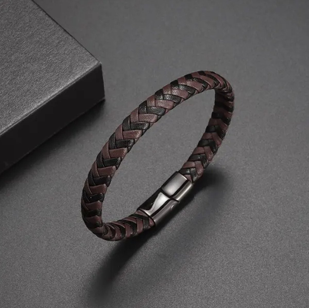 TVR-Wares® | Leren armband gevlochten | Bruin-Zwart | Schuifsluiting | Maat L | 21cm