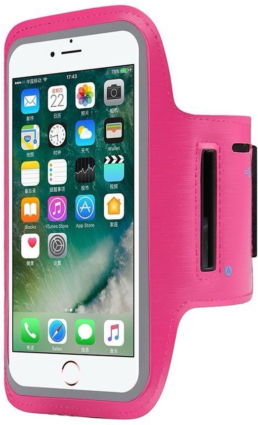 Roze sportarmband met een iPhone waarop de apps worden weergegeven. De armband heeft een opbergvakje.