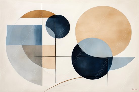 JJ-Art (Canvas) 150x100 | Abstract in modern minimalisme, zachte tinten, kunst, woonkamer | cirkels, figuren, Kandinsky, beige, bruin, blauw, wit | Foto-Schilderij canvas print (wanddecoratie)