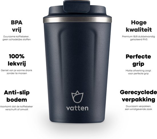 Vatten® Premium RVS Koffiebeker To Go - Donkerblauw - 380ml - Thermosbeker - Theebeker - Vatten