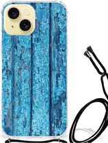 Shockproof Case Geschikt voor iPhone 15 Telefoonhoesje met doorzichtige rand Wood Blue