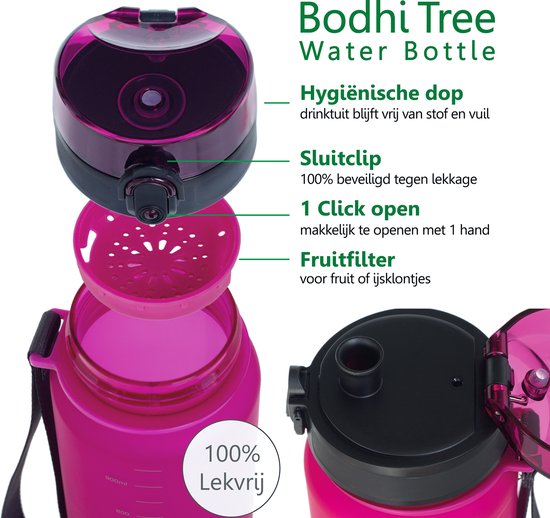 Bodhi Tree Drinkfles 1 Liter - Waterfles Sportfles BPA Vrij - Yoga Sport - Water Bottle 1liter - Fuchsia - Bodhi Tree