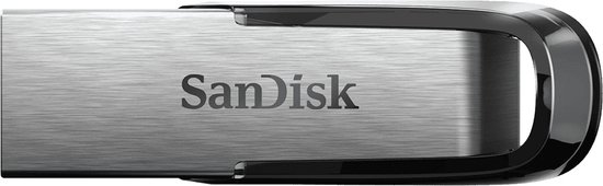 Clé USB SanDisk argentée avec une extrémité noire incurvée, sur fond blanc.