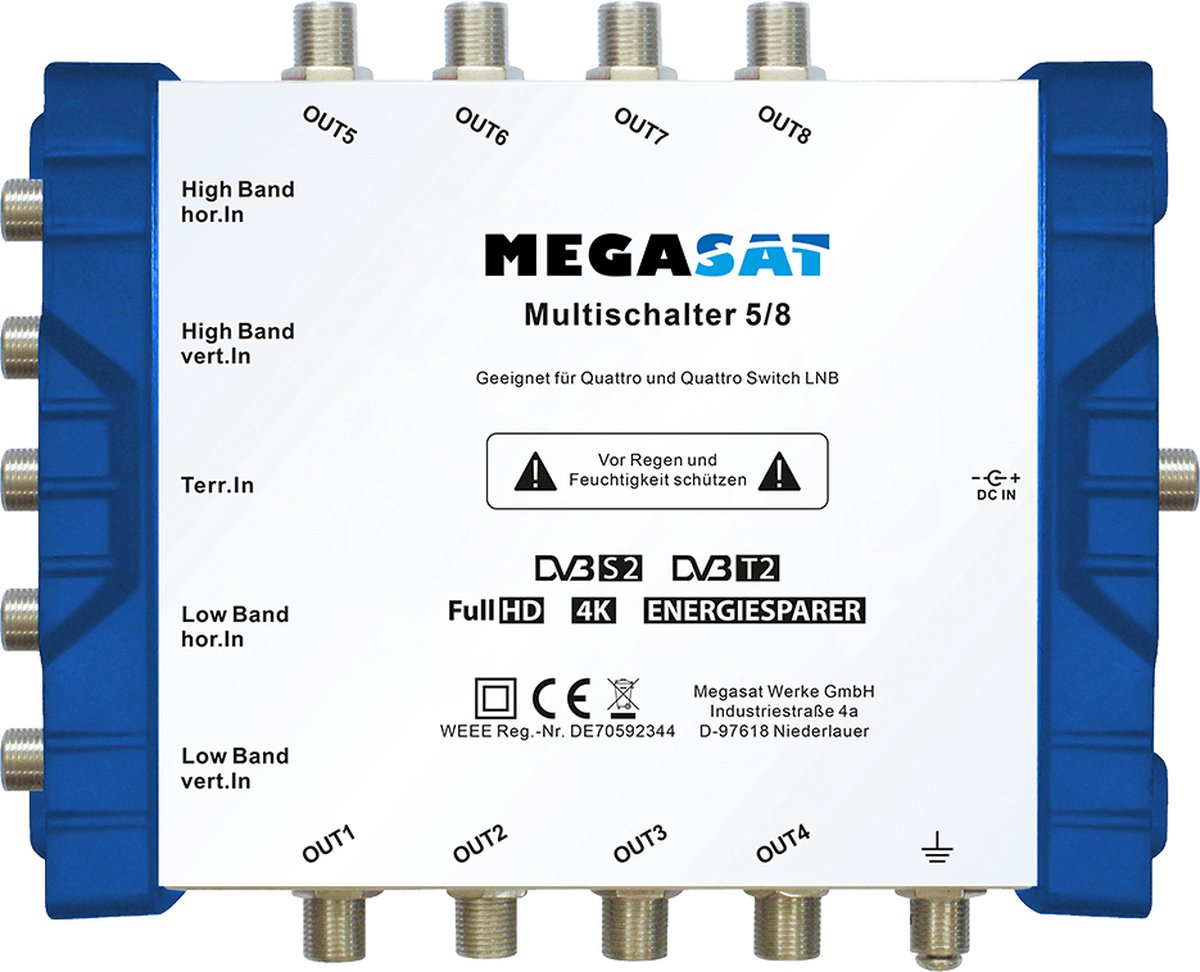 MegaSat 0600150 Satelliet multiswitch Ingangen (satelliet): 5 (4 satelliet / 1 terrestrisch) Aantal gebruikers: 8