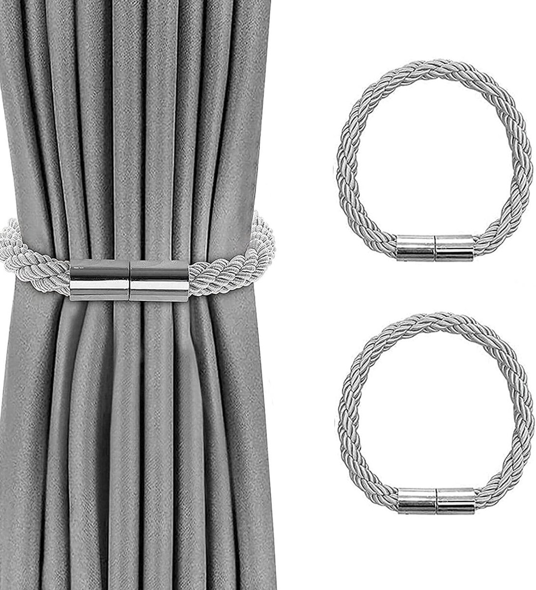 Set van 2 magnetische gordijnkoorden, grijze koorden voor gordijnen met magneet, gordijnhouders, gordijnaccessoires voor decoratie.