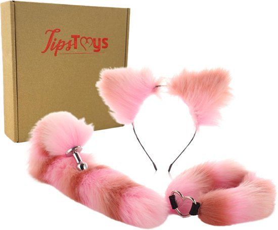 TipsToys Buttplug 3 Delige set - Staart Haarband met Oren en Halsband Kleur Roze/Bruin