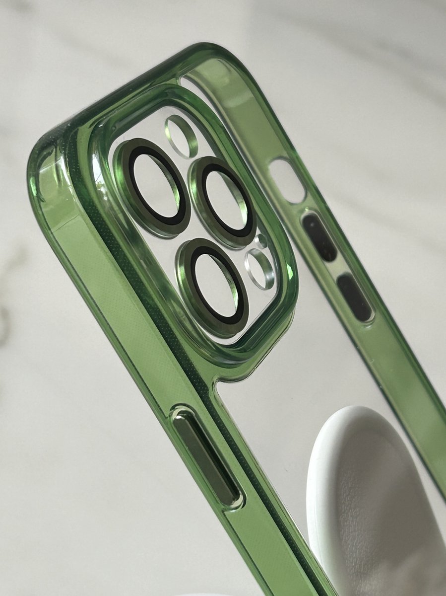 Anti-Yellow TPU/PC Hoesje - Geschikt voor iPhone 14 Pro Max - Met Cameralens Glas Bescherming – Transparant/Groen – 2.5mm Dikte