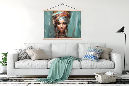 Posterhanger incl. Poster 150x113 cm - Schoolplaat - Vrouw - Kunst - Sieraden - Portret - Textielposter - Blanke latten