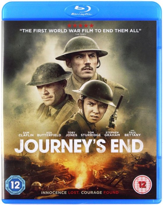 Blu-ray cover voor de film "Journey's End" met drie soldaten in gevechtstenue op een brandende achtergrond. Met de tekst "THE FIRST WORLD WAR FILM TO END THEM ALL".
