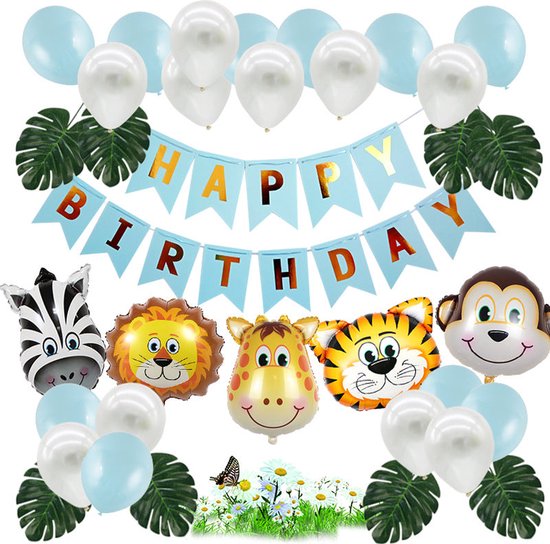 Safari Thema Verjaardagsdecoratie Set - Blauw, met Dieren Folieballonnen en Accessoires