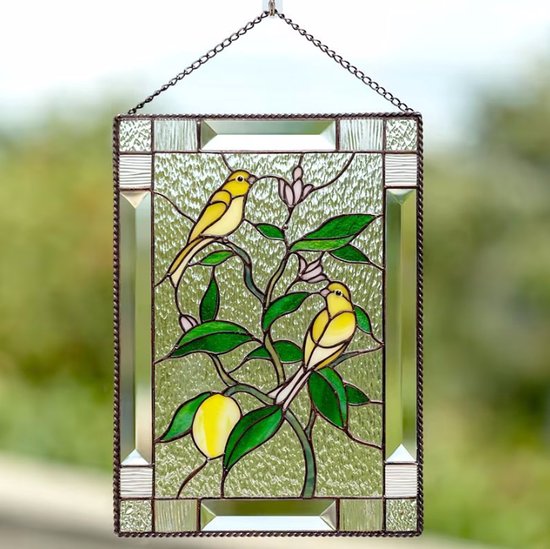 Allernieuwste.nl® Raamhanger Raamdecoratie Kanaries met Planten aan Metalen Ketting - Kleurige Zonnevanger - 20 x 15 cm