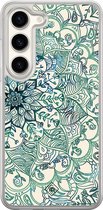 Coque silicone Samsung Galaxy S23 - Mandala bleu - Coque hybride 2 en 1 Casimoda- Antichoc - Motif géométrique - Bords relevés - Blauw, Transparent