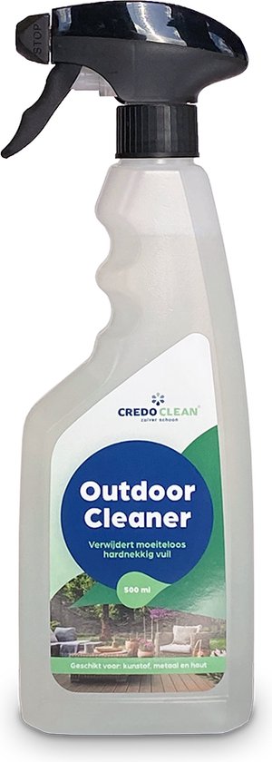 Doorzichtige spuitfles met groen/blauw etiket 'Outdoor Cleaner'. 500 ml.