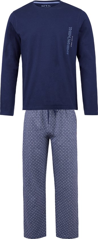 Phil & Co Lange Heren Winter Pyjama Set Katoen Patroon Op De Broek Blauw - Maat M