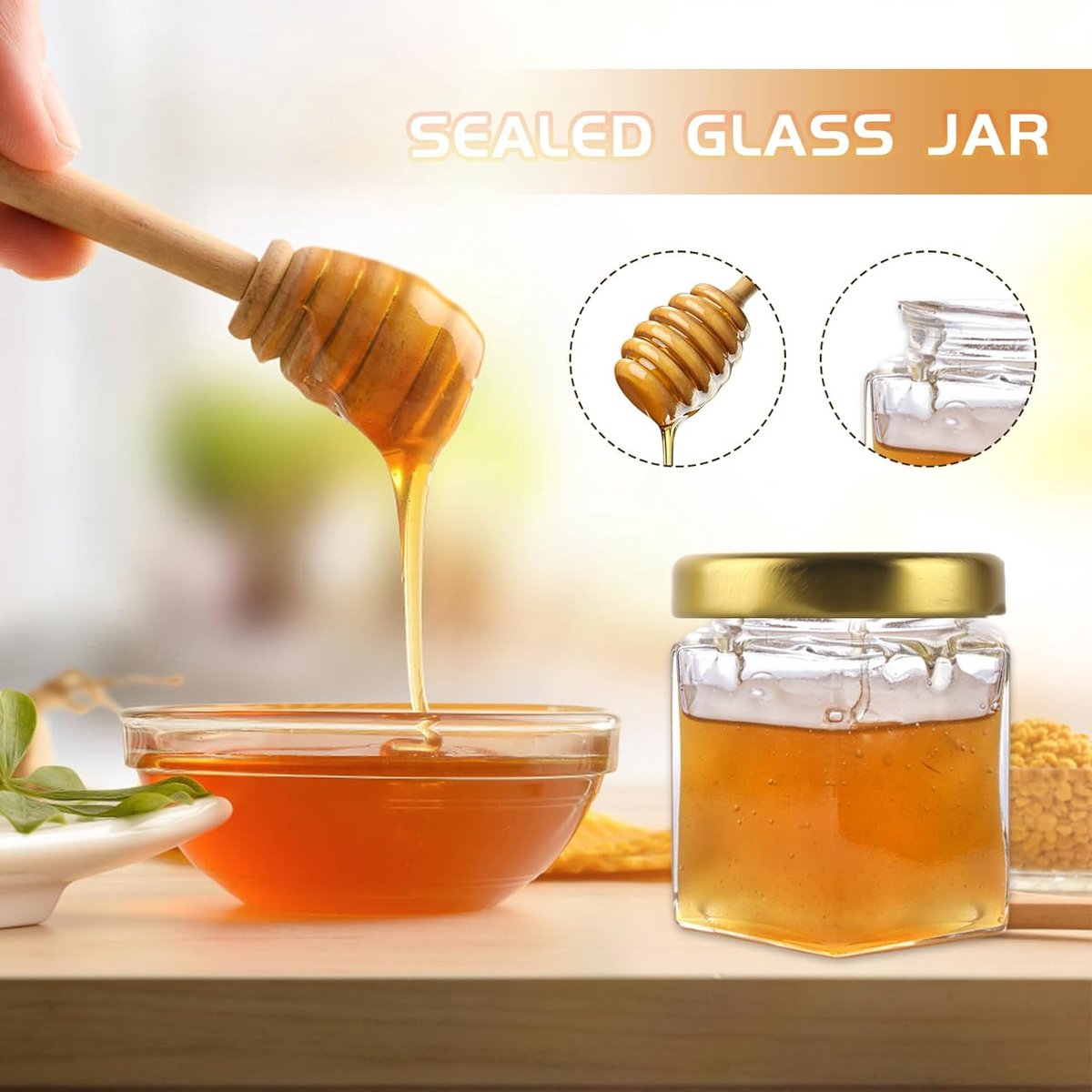 Lot De 20 Pots à Miel 45ml - Avec Cuillères Bois, Couvercles Dorés Et Pendentifs Abeille - Idéal Cadeaux Baby Shower