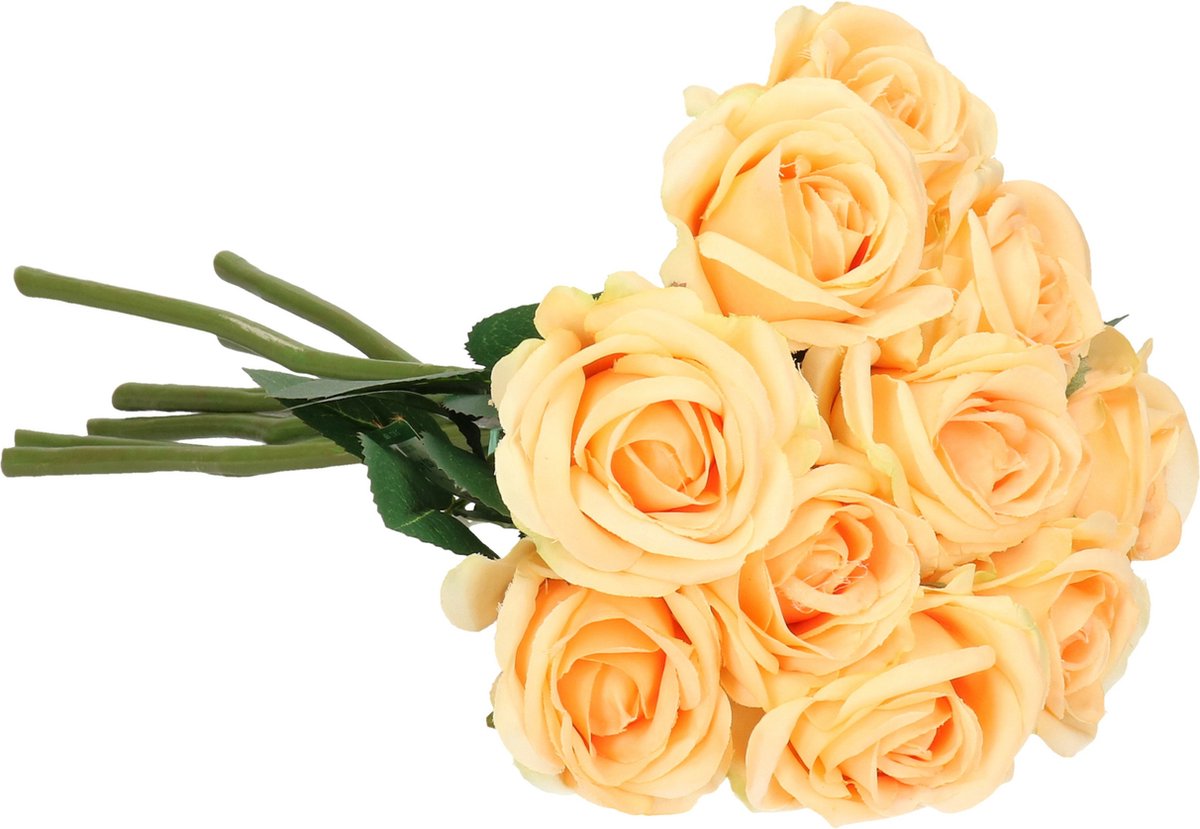 Top Art Kunstbloemen boeket roos Nina - 10x - perzik kleur - 27 cm - kunststof steel - decoratie bloem Perzik oranje