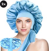 Xaria Slaapmuts - Dubbelzijdige Satijnen Bonnet met Verstelbare hoofdband met Lange Lussen - Bonnet van Satijn - Haarnetjes - Lichtblauw
