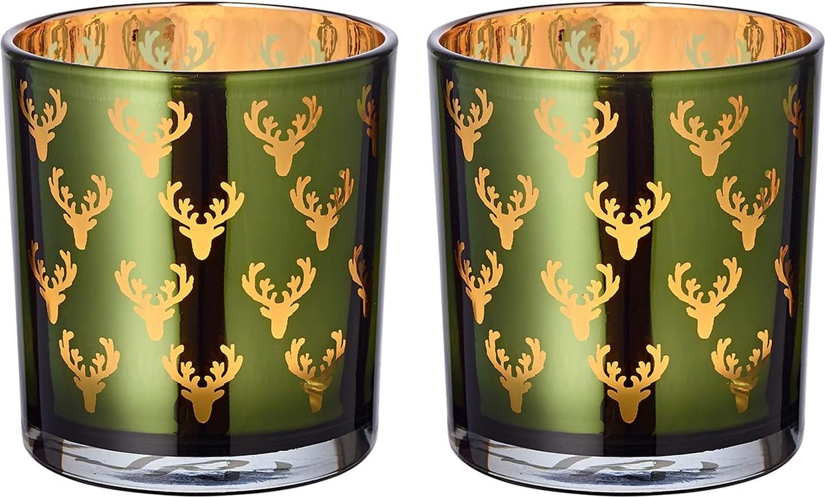 Set van 2 windlichten theelichtglas kaarsglas dirk, groen, hert, hoogte 8 cm