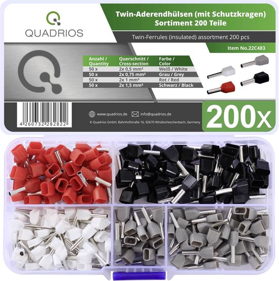 Quadrios 22C483 Assortiment d'embouts simples 0.5 mm², 0.75 mm², 1.0 mm², 1.5 mm² partiellement isolé 200 pc(s)