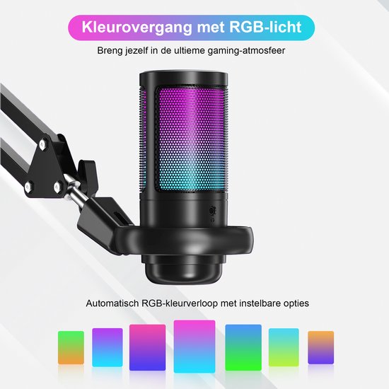 Strolox® Microfoon met arm - USB - gaming - RGB Condensatormicrofoon - met Mute-Knop, Popfilter, Microfoonarm - Luxe microfoon - Strolox