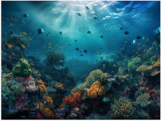 Poster Glanzend – Oceaan - Zee - Dieren - Vissen - Koraal - Kleuren - 40x30 cm Foto op Posterpapier met Glanzende Afwerking