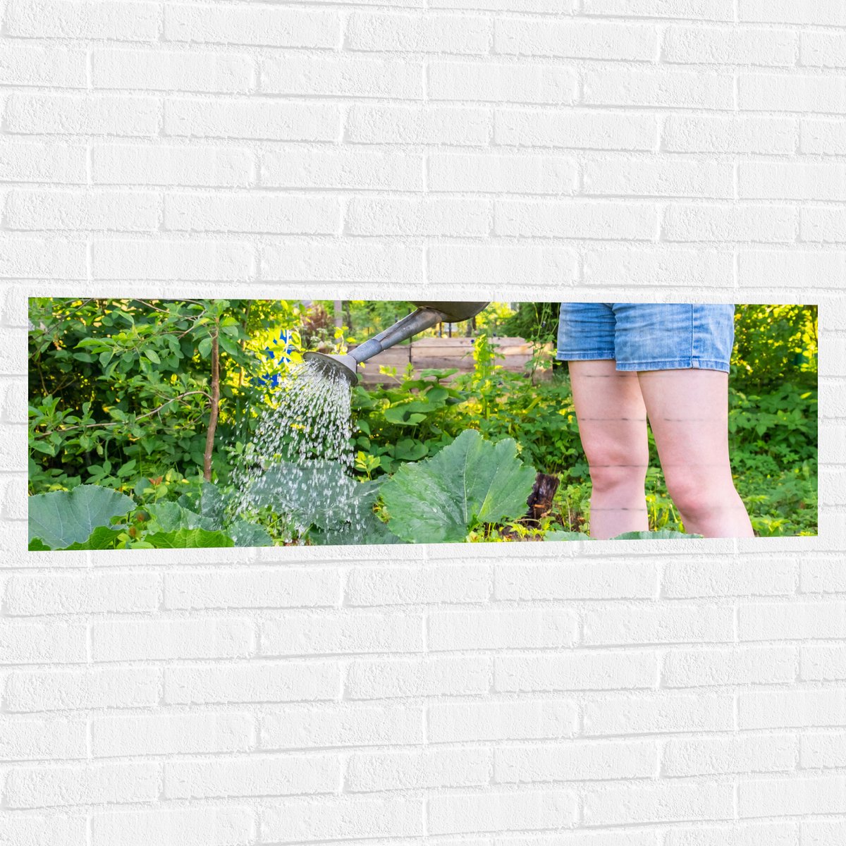 Muursticker - Tuin - Bloemen - Planten - Gieter - Water - Groen - 120x40 cm Foto op Muurst