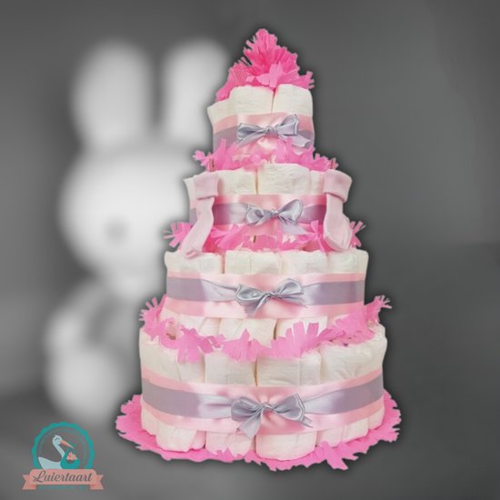 Luiertaart meisje 4-laags met 87 A-merk pampers en XL kaart - kraamcadeau - babyshower- pampertaart van Luiertaart — afbeelding 2