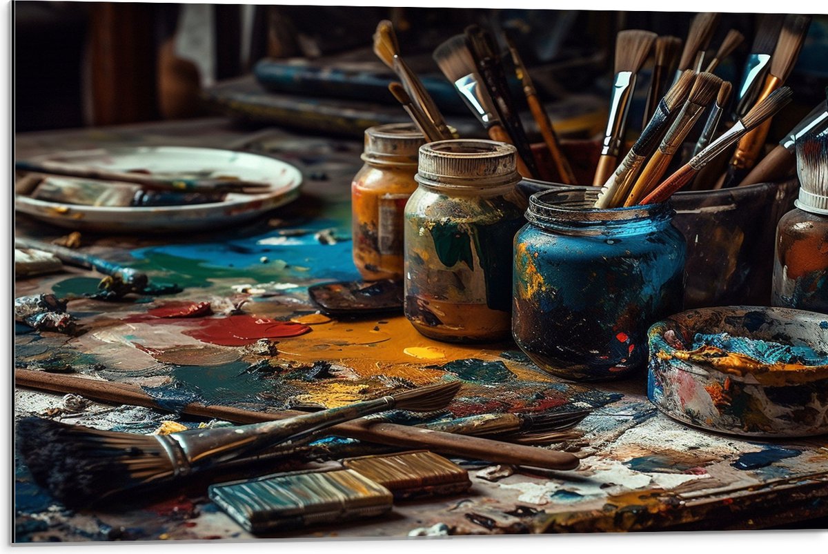 Dibond - Tafel - Verf - Kwasten - Schilderen - Verven -Kunst - Kleuren - 75x50 cm Foto op Aluminium (Met Ophangsysteem)