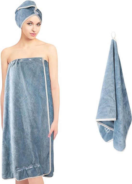 saunahanddoek, 75 x 150 cm, verstelbare elastische jumbo-handdoekverpakking voor vrouwen, met drukknoopsluiting, sneldrogende haardoekverpakking (blauw)