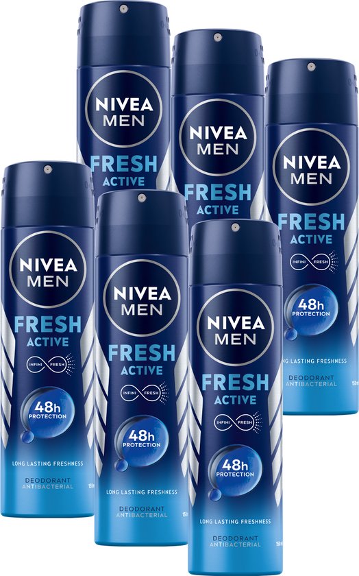 NIVEA MEN Fresh Active Deodorant Spray - Beschermt 48 uur lang - Met oceaanextracten - Aluminiumvrij en alcoholvrij - Antibacterieel - 6 x 150 ml
