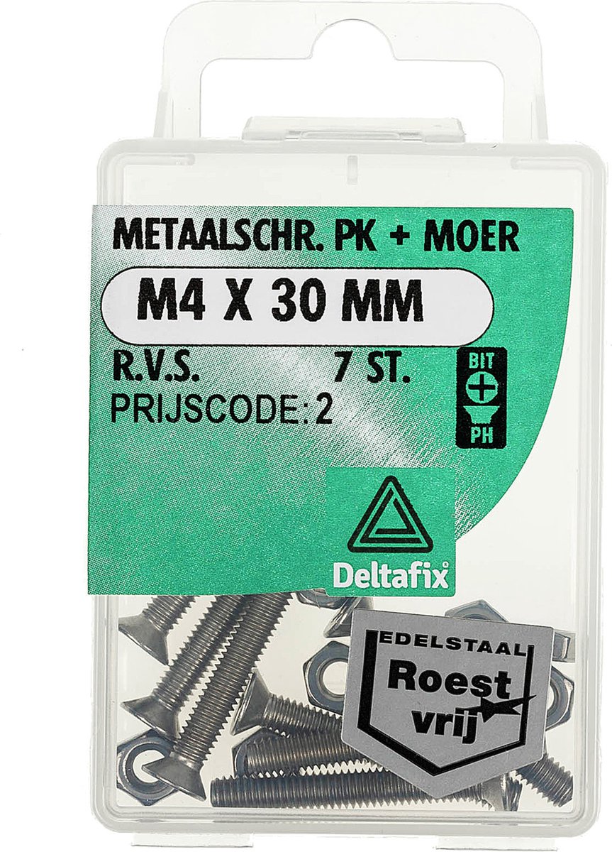 Deltafix metaalschroef platkop + moer r.v.s. a2 m6 x 20 mm din 965 /din 934 4 st.