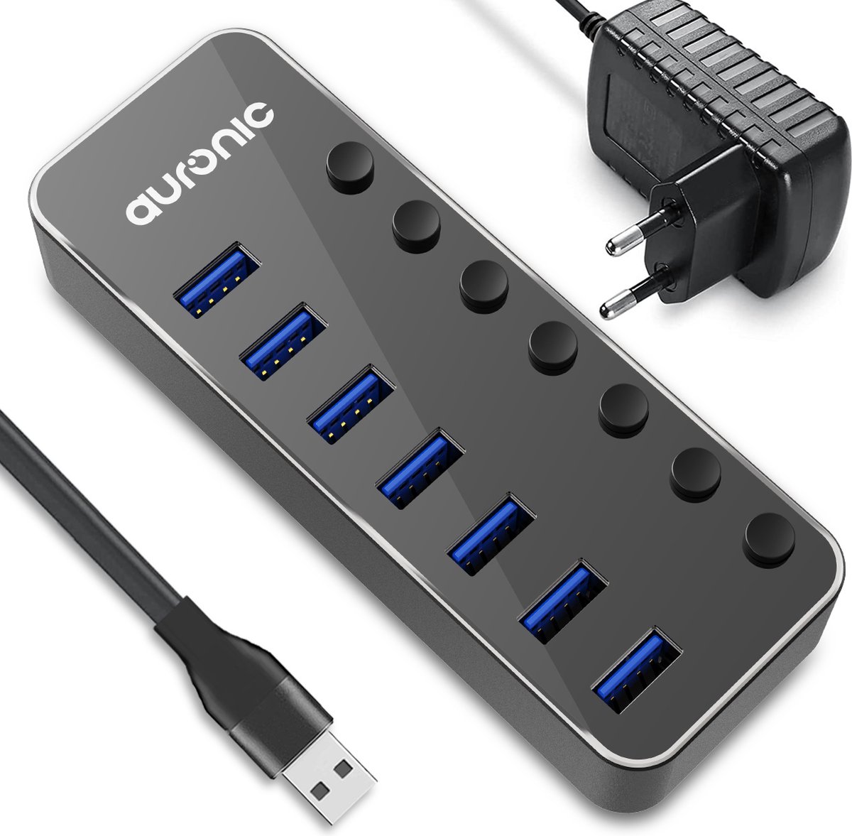 Auronic USB Hub 3.0 - USB Splitter met 7 Poorten - met Voeding - 5 GBPs - Led Indicatie - Zwart - Auronic