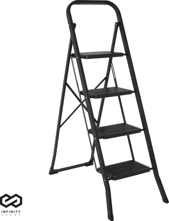 Infinity Goods Stevige Huishoudtrap 4 Treden - Keukentrap Inklapbaar - Anti-Slip - Trap Ladder - Opvouwbaar - Metaal - Zwart