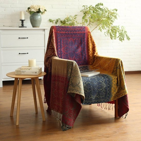 plaid, jacquard kwasten plaid deken sofa stoelhoes decoratief voor bed bank zachte stoel, volksstampatroon (rood, 150 x 190 cm)