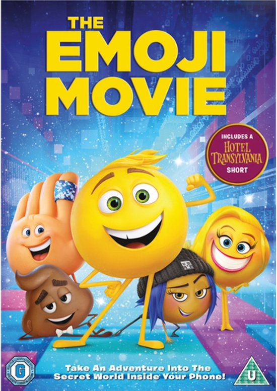 De filmposter van The Emoji Movie toont Gene, een gele emoji, omringd door zijn vrienden. Ook te zien zijn een hand-emoji, een poep-emoji, een meisje met blauw haar en een meisje met blond haar.