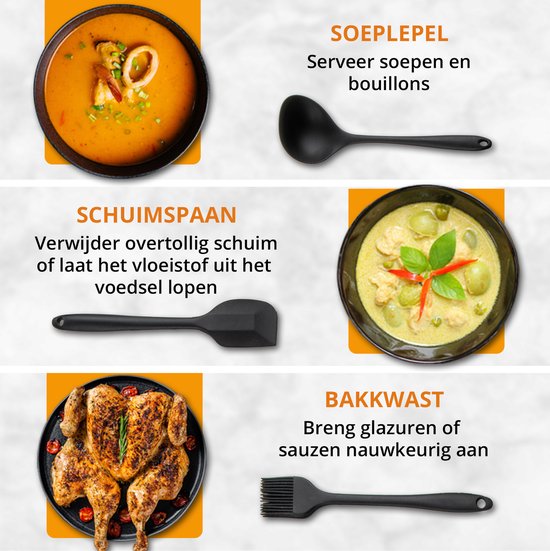 Een set zwart keukengerei inclusief soeplepel, schuimspaan en bakkwast met foto's van gerechten.