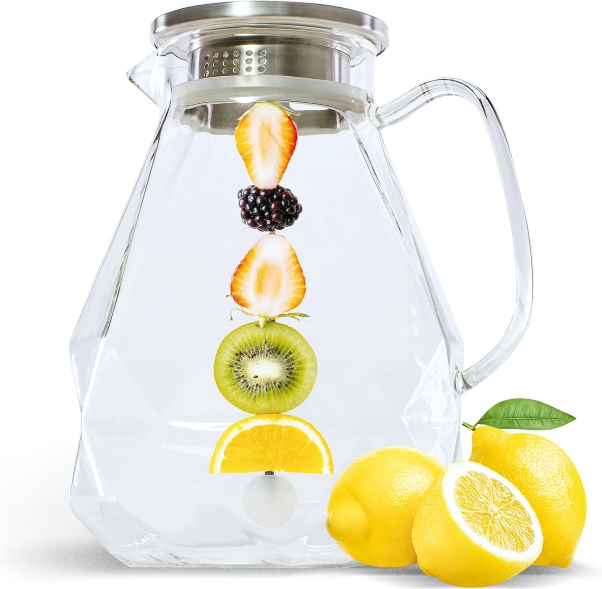 Glazen karaf met deksel (2 liter) - grote karafglas met fruitinzet en reinigingsborstel - hoogwaardige waterkaraf voor water en sappen