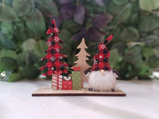 Décoration de Noël en bois Père Noël, sapin de Noël et cadeaux Rouge et noir 16,5 cmLx14,5 cmH