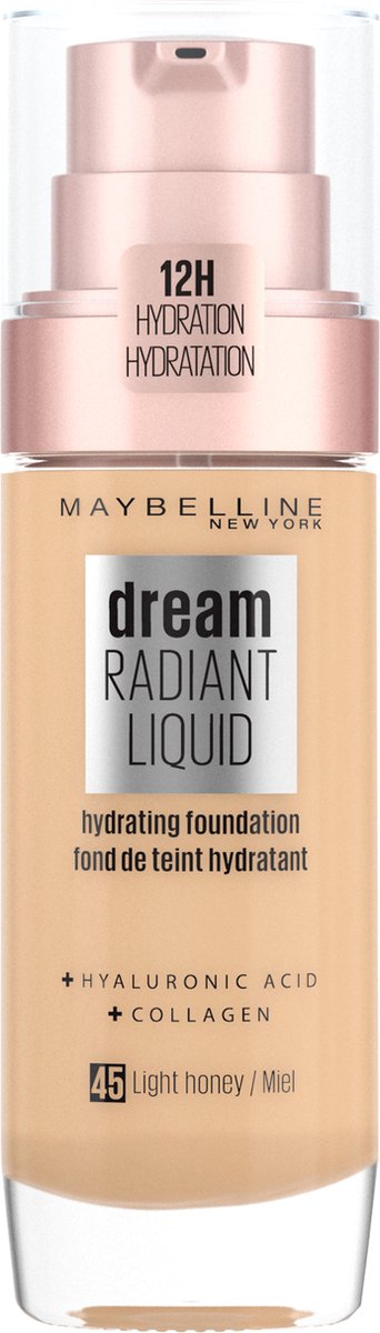Maybelline New York - Dream Radiant Liquid - 45 Light Honey - Foundation Geschikt voor de Droge Huid met Hyaluronzuur - 30 ml - Maybelline