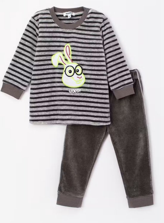 Woody pyjama velours baby unisex - grijs-antraciet gestreept - haas - 232-10-PLC-V/924 - maat 56