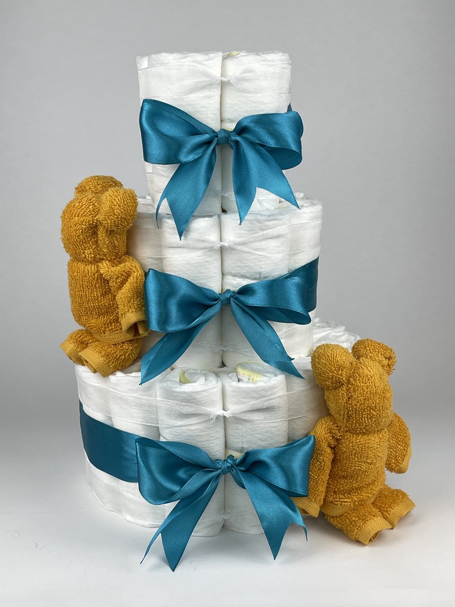 Goedkoopste Chouette-Chouette | Luiertaart Neutraal | Kraamcadeau | Geboorte Jongen Meisje | Babyshower | Beren Oker - Petrol
