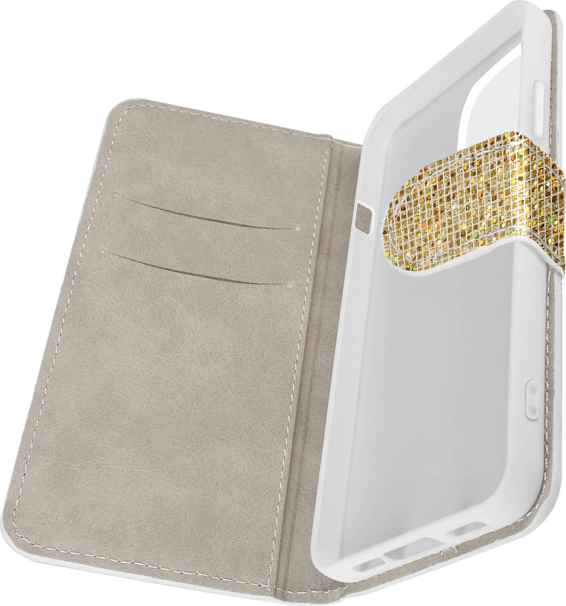 Avizar Foliohoes Geschikt voor iPhone 15 Plus Briljante disco-glamuitgave, Goud
