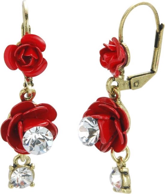 Boucles d'oreilles pendantes Behave avec crochet clip français avec fleurs rouges et pierres en verre cristal