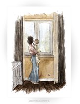 vrouw met kind op wenskaart 10x15cm, illustratie van aquarel en fineliner MI274