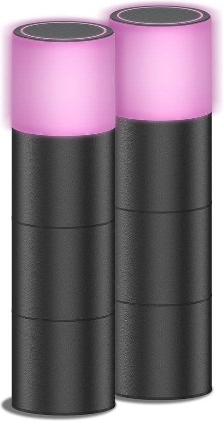 Twee zwarte, cilindervormige buitenlampen met roze gloed bovenaan.