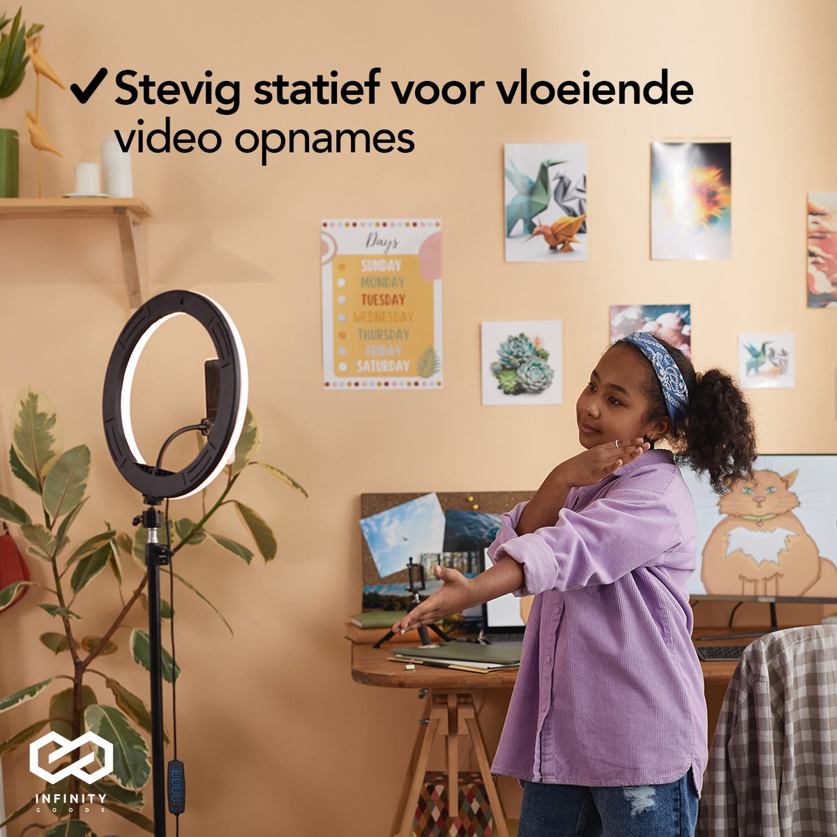 Infinity Goods Ring Light Met Statief - LED - 3 Kleuren - Verstelbaar Statief Tot 186m - Inclusief Stekker - Selfie Ringlight voor Tiktok / Instagram / Youtube / Streaming / Thuis Werken - Zwart thumbnail 4
