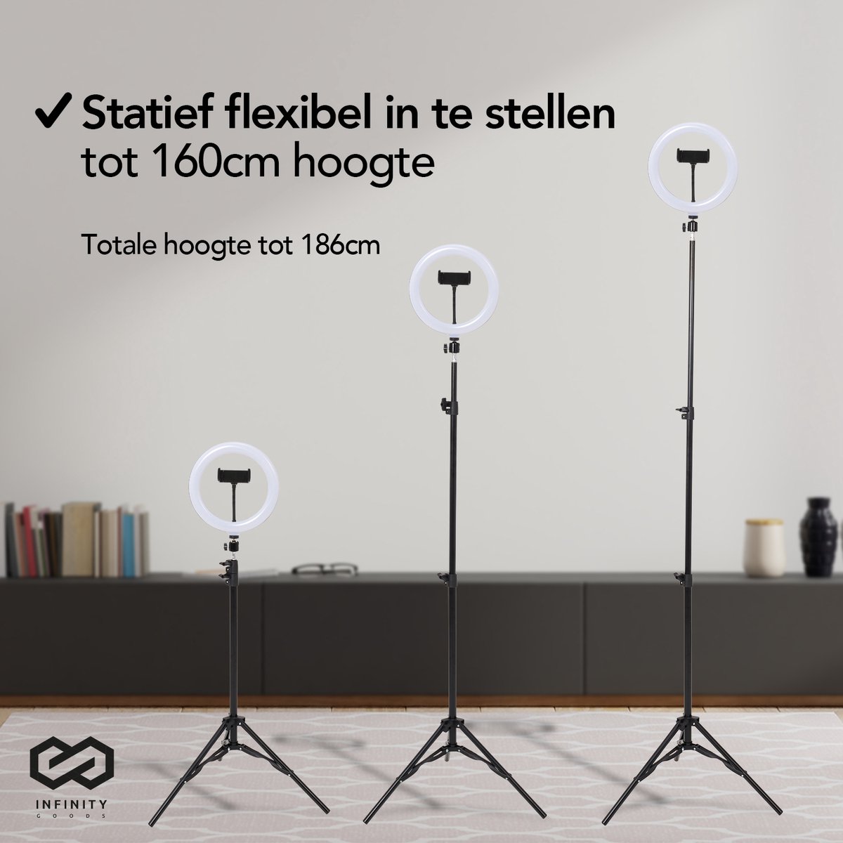 Infinity Goods Ring Light Met Statief - LED - 3 Kleuren - Verstelbaar Statief Tot 186m - Inclusief Stekker - Selfie Ringlight voor Tiktok / Instagram / Youtube / Streaming / Thuis Werken - Zwart thumbnail 6