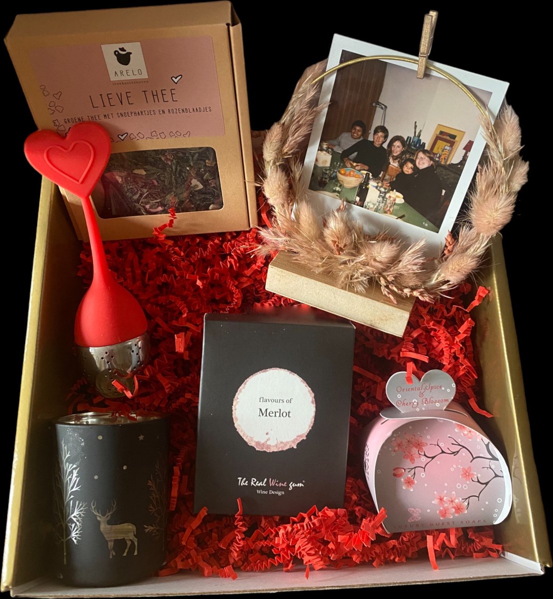 The Gift box Company Kerst giftbox kaarsje droogbloemen hoepel foto lijsje heerlijke thee met rozenblaadjes Theelichtje kerstbox